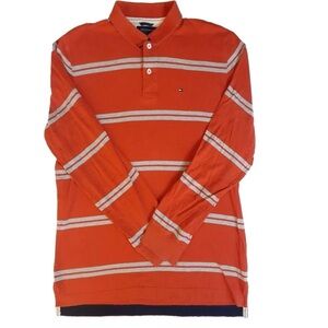 Tommy Hilfiger Shirt Men Orange Striped Polo Long Sleeve Size XL